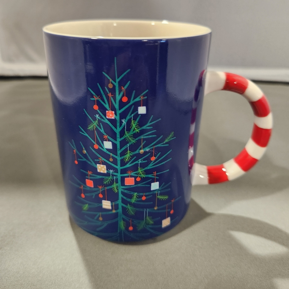 Starbucks Blue Holiday Mug with Red and White Handle